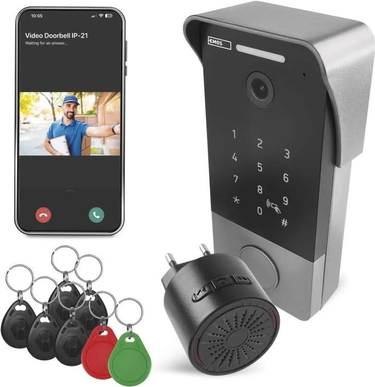 Videozvonček EMOS GOSMART IP-21PoE (keypad) sivý Chytrý videozvonček EMOS GoSmart IP-21 a smartphone s mobilnou aplikáciou a RFID čipy