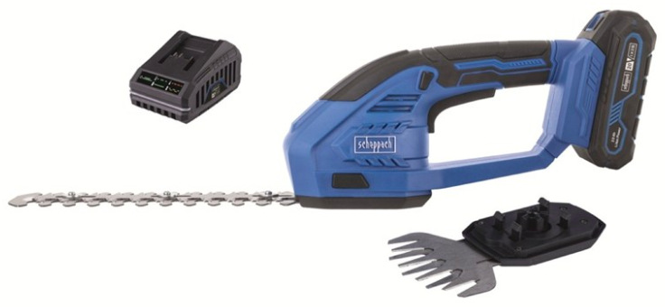Nožnice na trávu Scheppach C-HTGS200-X-SET S s lištami, akumulátorom a nabíjačkou.