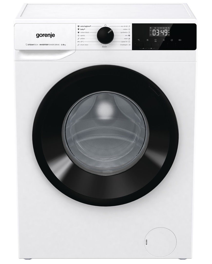 Práčka Gorenje W11NHPI84AS biela Predný pohľad na práčku Gorenje W11NHPI84AS. Dvierka má zatvorené.
