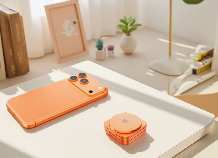 Bezdrôtová nabíjačka Cubenest SQ312 Ultra Qi2.2 3v1 s MagSafe oranžová Bezdrôtová nabíjačka Cubenest SQ312 Ultra pripravená na použitie na stole vedľa iPhonu