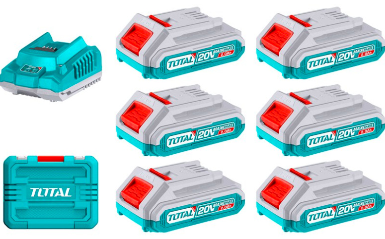 Set batérie a nabíjačky Total Tools TFBCLI2062 so šiestimi 20V akumulátormi, rýchlonabíjačkou a plastovým kufrom