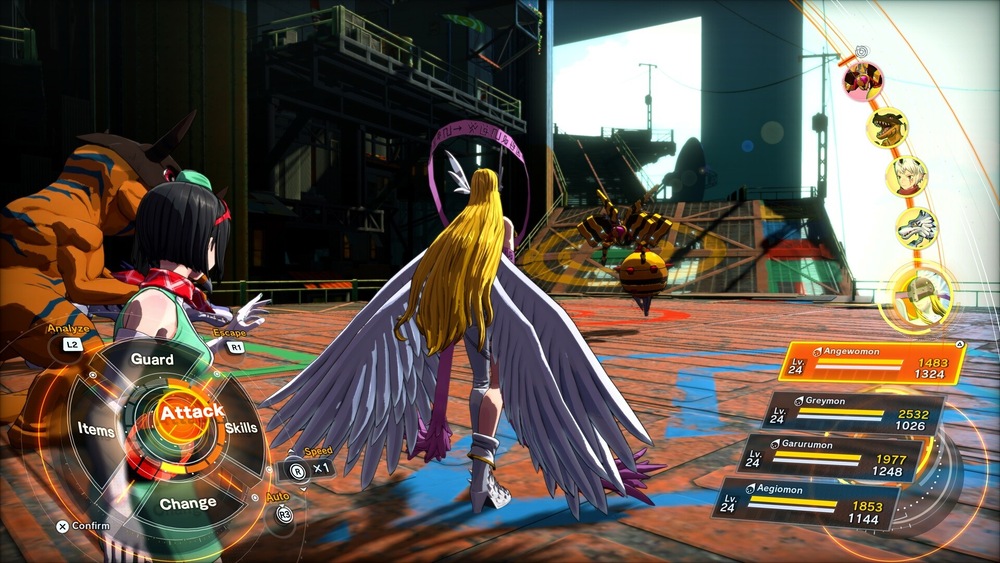 Snímka obrazovky z akčnej hry Digimon Story: Time Stranger: spridlenená blonďavá bojovníčka čelí nepriateľom vo farebnej priemyselnej aréne, pričom sú viditeľné ponukové menu útokov a ukazovatele zdravia.