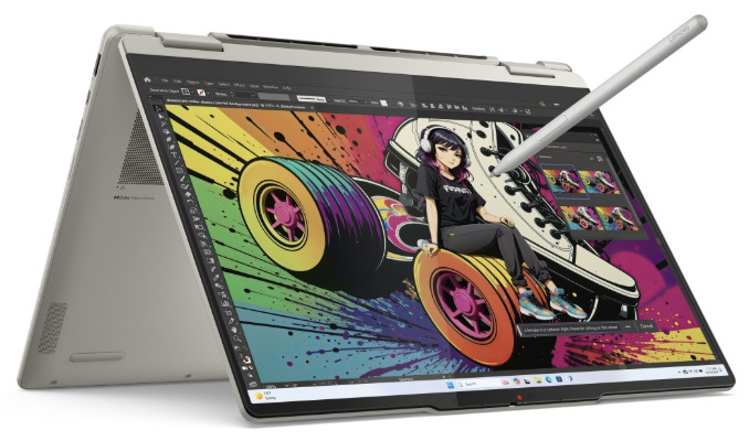 Notebook Lenovo Yoga 7 2-in-1 14AKP10 béžový Konvertibilný Lenovo Yoga 7 2-in-1 14AKP10 v režime stojančeka s dotykovým perom