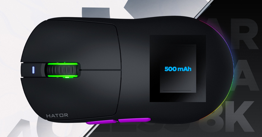 Pohľad zhora na HATOR Quasar 3 Ultra 8K+8K Wireless vedľa symbolu batérie s označením 500 mAh