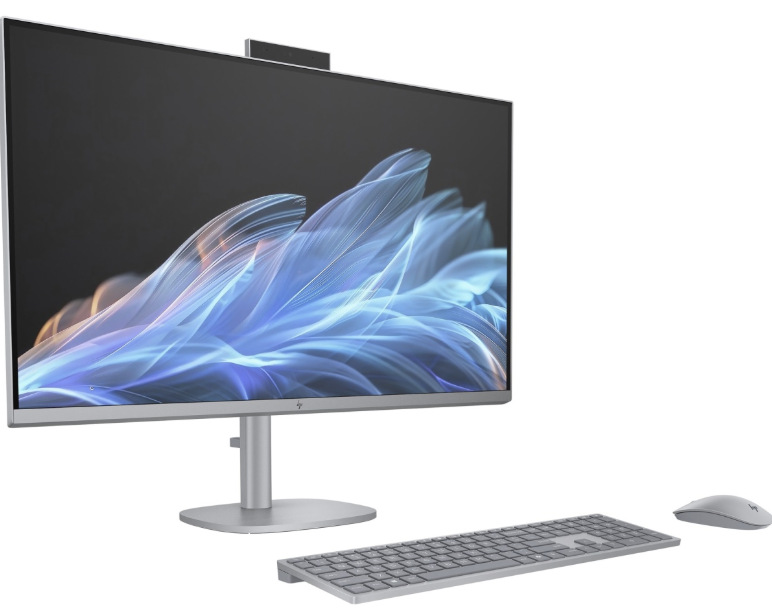 PC all in-one HP OmniStudio X 32-c0011nc strieborný All-in-One počítač HP OmniStudio X 32-c0011nc s klávesnicou a myšou z bočného pohľadu