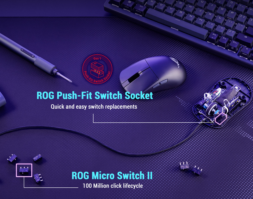 Myš Asus ROG Harpe Mini Core čierna Výmenné spínače ROG Push-Fit a ROG Micro Switch II pri myši Asus ROG Harpe Mini Core