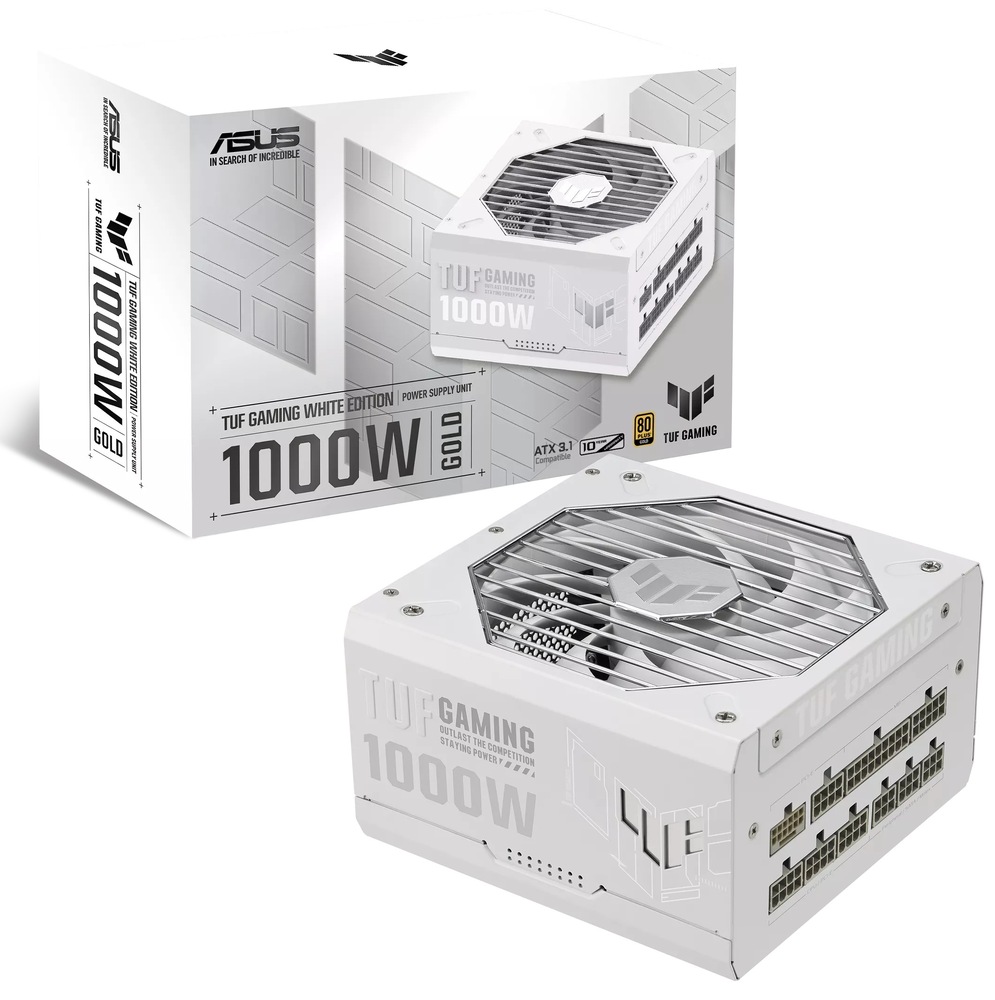 Zdroj Asus TUF Gaming 1000W WHITE 80+ Gold Snímka s ukážkou zabalenia zdroja a ležiacim bielym zdrojom na podložke pred krabicou.