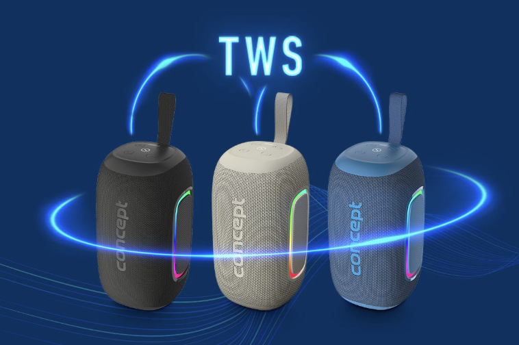 Tri farebné varianty reproduktora Concept SoundJoy s funkciou bezdrôtového prepojenia TWS