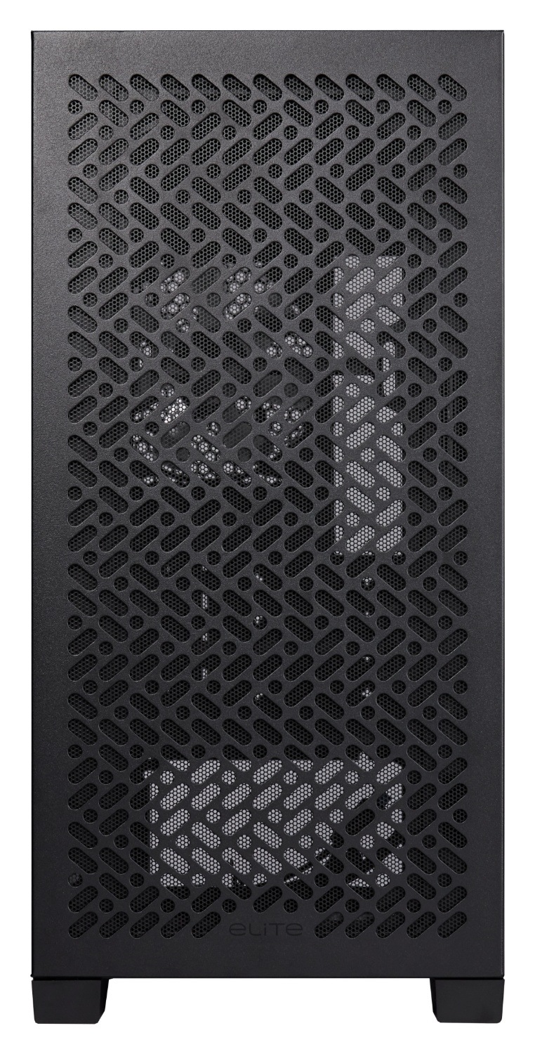 Case Cooler Master Elite 302 Lite čierna Čierna počítačová skriňa s odvetrávaným predným panelom s mriežkovaným vzorom, ktorý ponúka pohľad na interné ventilátory. Dizajn vyjadruje elegantnú, modernú technologickú estetiku.