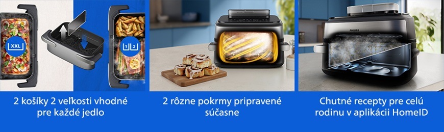 Fritéza teplovzdušná Philips Airfryer Dual Basket s párou 9,5 l NA565/02 čierna/strieborná Koláž funkcií teplovzdušnej fritézy Philips NA565/02 zobrazujúca možnosť použitia jedného veľkého alebo dvoch menších košov, funkciu SteamFry na prípravu chrumkavých a šťavnatých pokrmov a automatický čistiaci program SteamClean s parným čistením vnútorného priestoru.