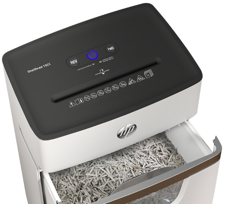Skartovač HP OneShred 15CC biely Detail horného panelu skartovača HP OneShred 15CC s tlačidlami ovládania a vstupným otvorom