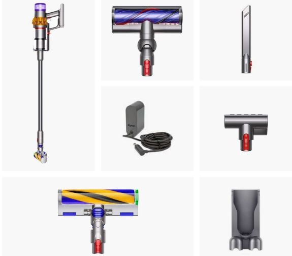 Tyčový vysávač Dyson V12 Detect Slim Absolute 2026 strieborný Na obrázku sa nachádza jednotlivé príslušenstvo, ktoré je súčasťou balenia.