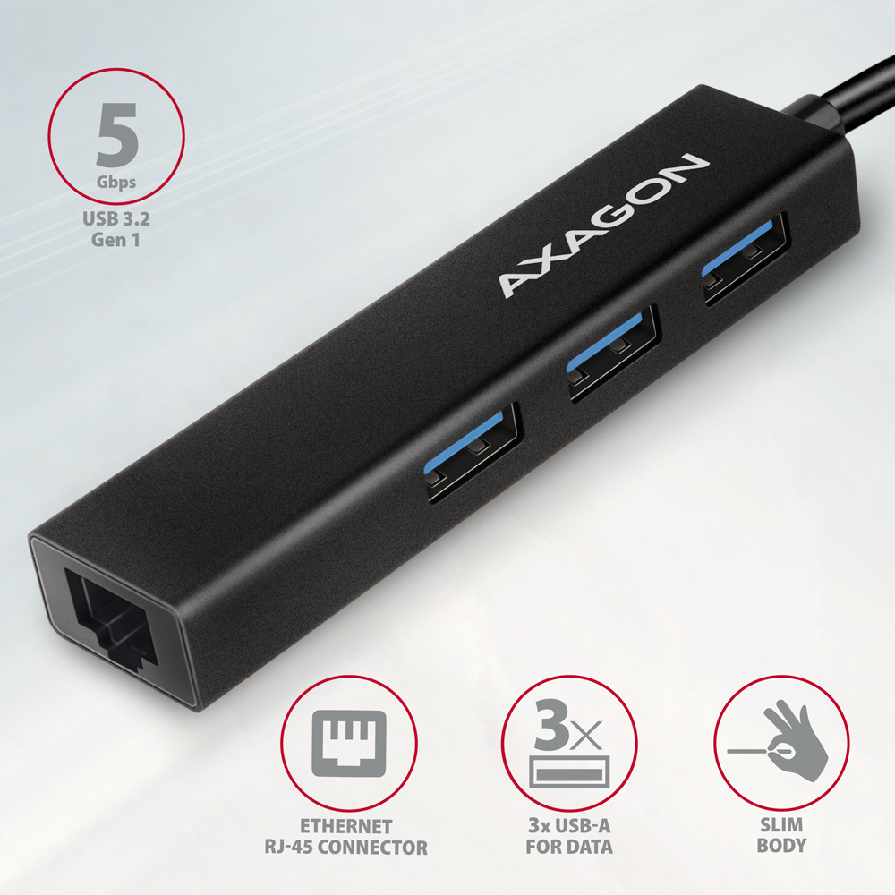 USB Hub Axagon USB 3.2 Gen 1 húb, 3x USB-A + Gigabit Ethernet, kábel USB-C 20cm čierny USB Hub Axagon USB 3.2 Gen 1 húb, 3x USB-A + Gigabit Ethernet, kábel USB-C 20cm čierny