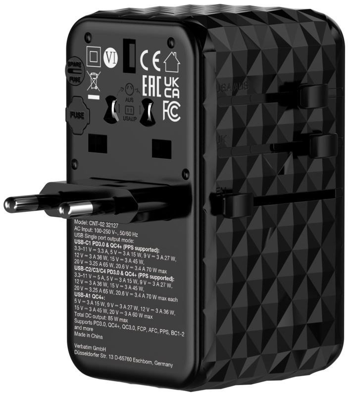 Cestovný adaptér Verbatim GaN III CNT-02, 85W, 4x USB-C PD, 1x USB QC - čierny