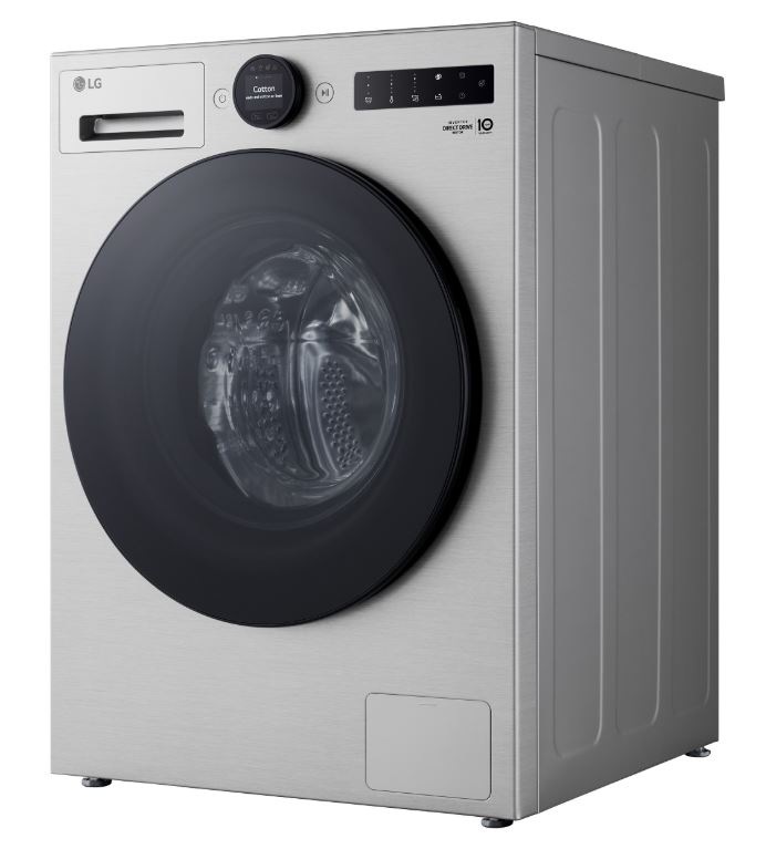 práčka LG F4X7011TSB so zavretým bubnom, natočená av striebornej farbe s čiernym displejom