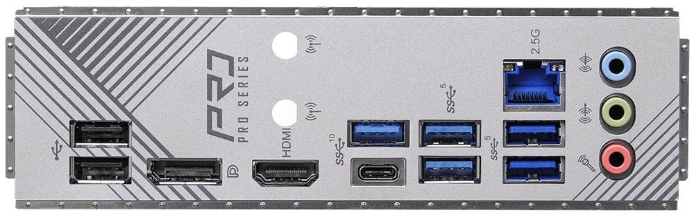 Na zadnom paneli vidíme obrazové výstupy HDMI a DisplayPort, k tomu mix USB portov vrátane USB-C 3.2 Gen2 a rýchleho USB-A 3.2 Gen2. Nechýba RJ-45 (2.5Gb LAN) pre sieť a tri audio jacky pre 7.1 zvuk.