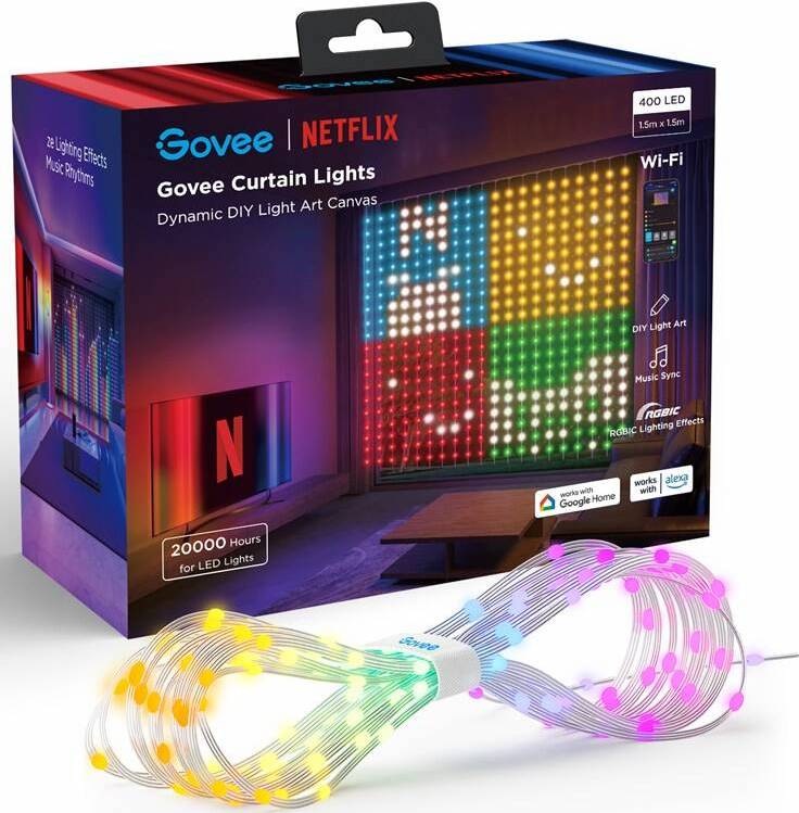 Balenie Govee Netflix Curtain Lights 400 LED 1,5 × 1,5 m s Wi-Fi, RGBIC a podporou Alexa a Google Home