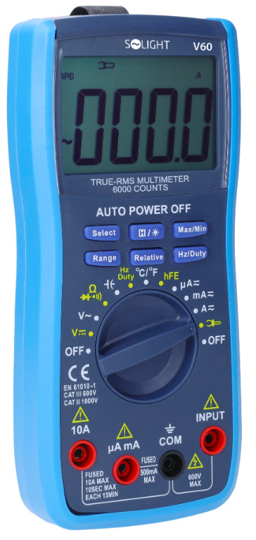 Multimeter Solight V60 Čelný pohľad na multimeter Solight V60 s prehľadným ovládaním a meracími rozsahmi