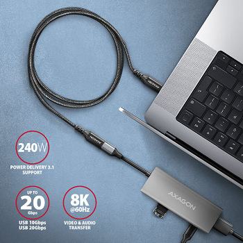 Kábel Axagon predlžovací USB-C samec / USB-C samica, 0.5m, PD 240W, 8K HD, pletený čierny Axagon USB-C vidlica/zásuvka USB-C