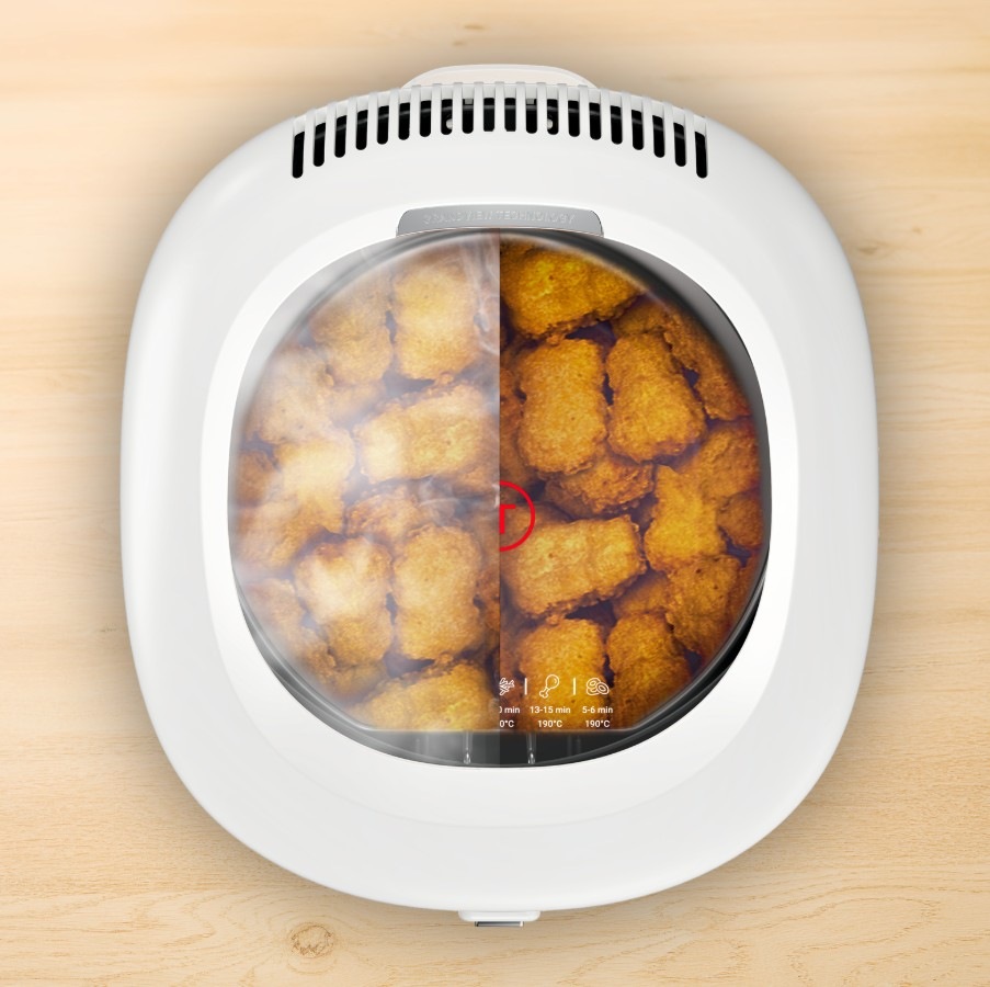 Fritéza Tefal Filtra Vision FF2541E0 biela detail Fritézy Tefal Filtra Vision, FF2541E0 poukazujúci na vyprážanie kuracích nugetiek
