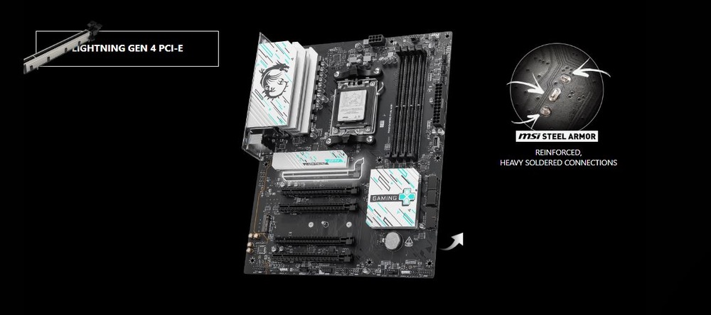 Základná doska MSI B840 GAMING PLUS WIFI Je zobrazená čierna základná doska MSI s chladičmi, zvýrazňujúci slot „Lightning Gen 4 PCI-E“ a vystužené komponenty „MSI Steel Armor“.