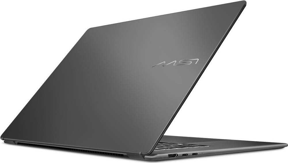 Zadná strana notebooku MSI Prestige 16 AI+ s portami USB-A, USB-C a tichým chodom vďaka chladeniu