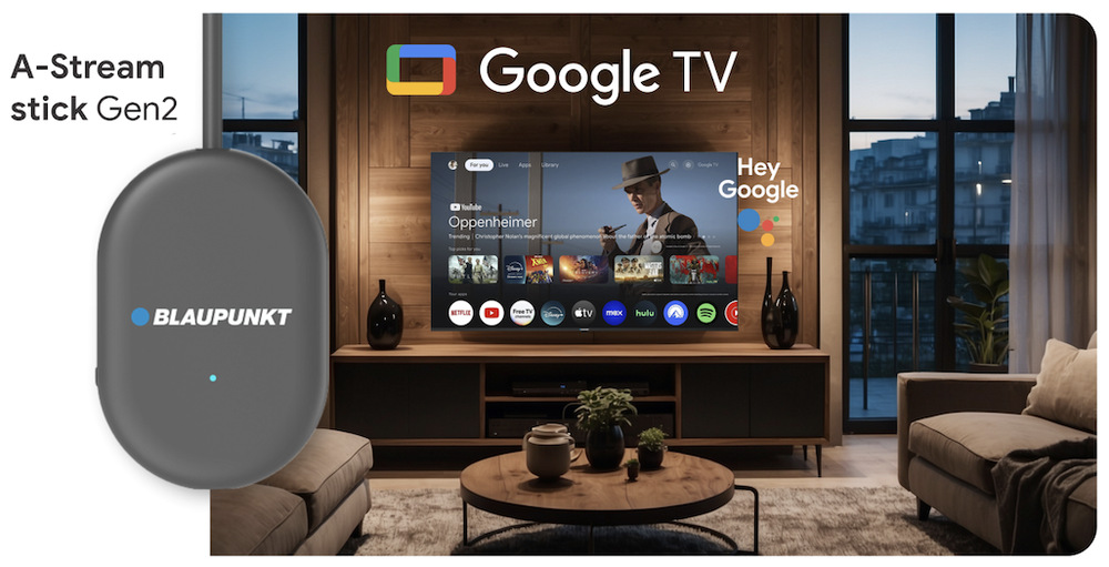 Multimediálne centrum Blaupunkt A-Stream Stick Gen2 čierne Multimediálne centrum Blaupunkt A-Stream Stick Gen2 s prostredím Google TV na televízore