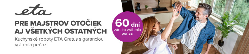 Kuchynský robot ETA Gratus Kuliner II Origin 2038 90000 biely Banner ETA: Pre majstrov otočiek aj všetky ostatné - Ku všetkým kuchynským robotom Gratus. Odznak Záruka vrátenia peňazí a fotka tancujúceho páru v kuchyni
