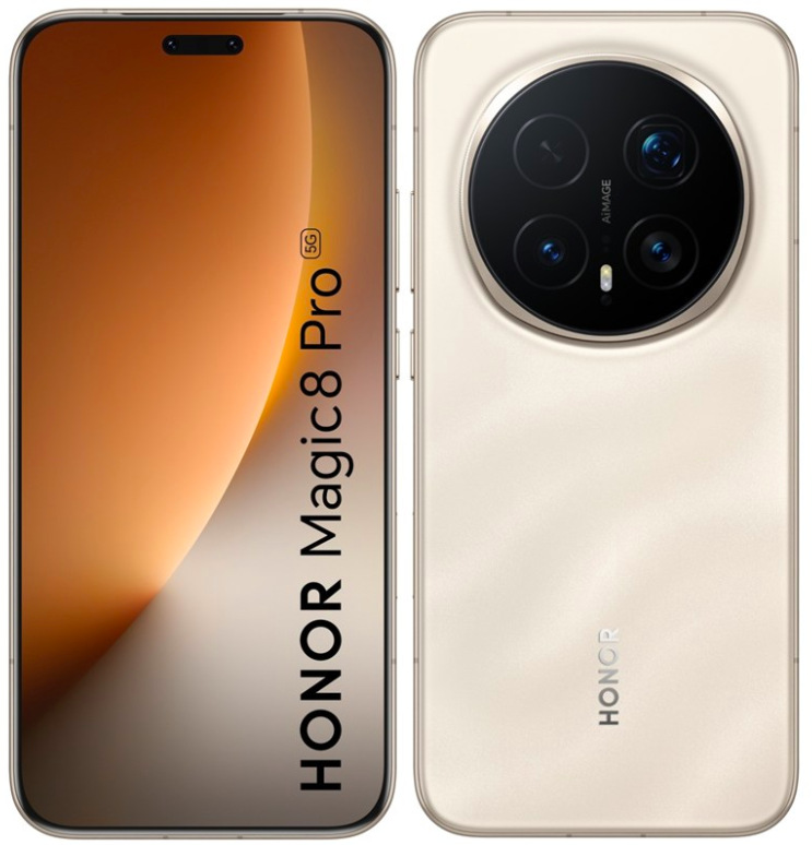 Mobilný telefón HONOR Magic8 Pro 5G 12 GB / 512 GB zlatý Mobilný telefón HONOR Magic8 Pro 5G 12 GB 512 GB v zlatej farbe, pohľad spredu a zozadu