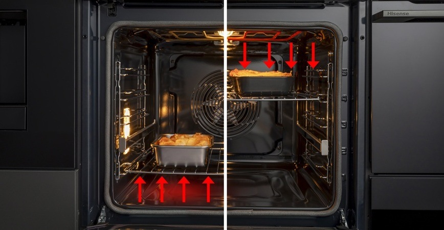 Rúra Hisense BI614P8B čierna Detail vnútorného priestoru rúry Hisense BI614P8B s porovnaním režimu spodného ohrevu a horného grilu, kde grafické šípky ukazujú distribúciu tepla pre rovnomerné pečenie aj chrumkavú hornú vrstvu pokrmu.