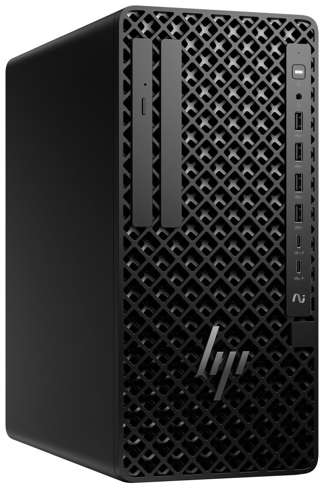 Stolný počítač HP Z1 Tower G1i čierny Na obrázku je čierny stolný počítač HP Z1 Tower G1i zachytený šikmo spredu. Skriňa má jednoduchý vysoký tvar so zaoblenými hranami a celé čelo kryje výrazná mriežka s kosoštvorcovým vzorom. Vľavo sú dve úzke zvislé pozície, vpravo ovládací panel s tlačidlom zapnutia, audio konektorom, štyrmi USB portami a dvoma USB-C portami. V spodnej časti čela je lesklé logo HP.