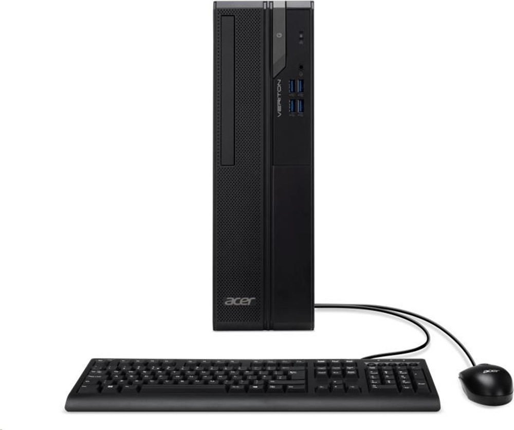 Stolný počítač Acer Veriton X2722GT čierny Na obrázku je stolný počítač Acer Veriton X2722GT v čiernom prevedení spoločne s káblovou klávesnicou a myšou. Úzka skriňa stojí zvisle a má perforovaný predný panel, optickú mechaniku, logo Acer a ovládaciu časť s tlačidlom napájania, audio konektorom a štyrmi portami USB-A. Pred počítačom je plnohodnotná klávesnica s numerickou časťou a vpravo kompaktná drôtová myš. Obrázok predstavuje kompletnú základnú zostavu na kancelárske použitie.