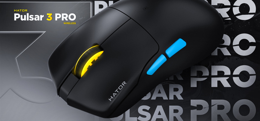 Myš HATOR Pulsar 3 PRO čierna HATOR Pulsar 3 Pro Wireless s podsvieteným kolieskom na pozadí s názvom radu