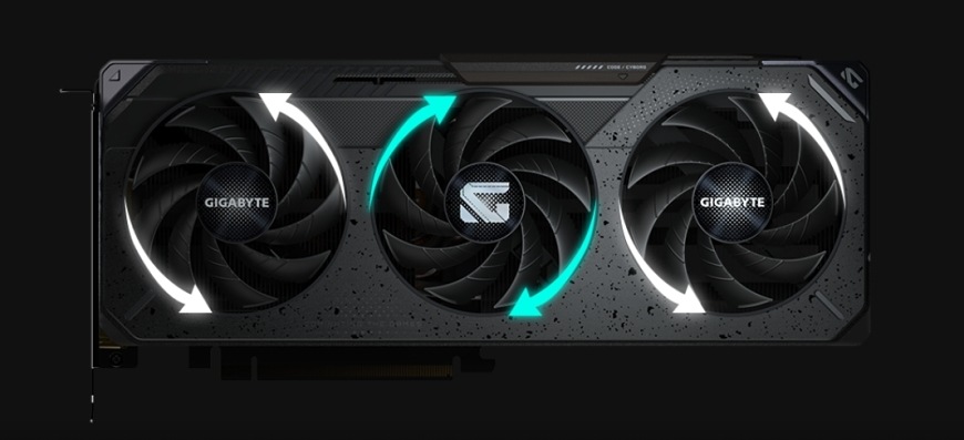 Detail troch ventilátorov WINDFORCE grafickej karty radu Gaming s technológiou alternujúceho otáčania