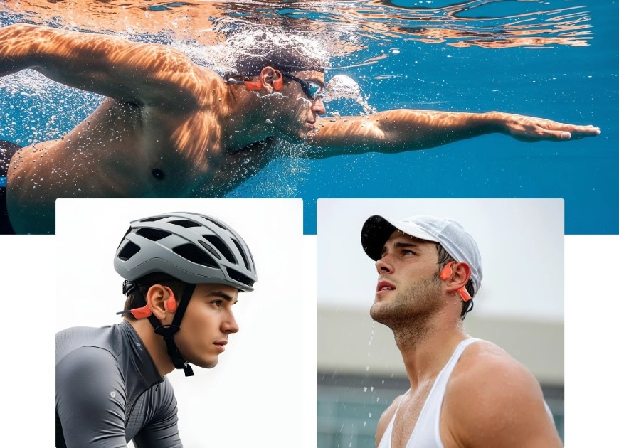 Slúchadlá Doogee Doogee BoneBeat Swim čierna Muž plávajúci vo vode a cyklistika so slúchadlami Doogee BoneBeat Swim s pripojením Bluetooth aj MP3 režimom