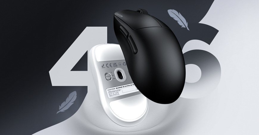Horný a spodný pohľad na HATOR Quasar 3S Ultima 8K Wireless s číslom 46 v pozadí