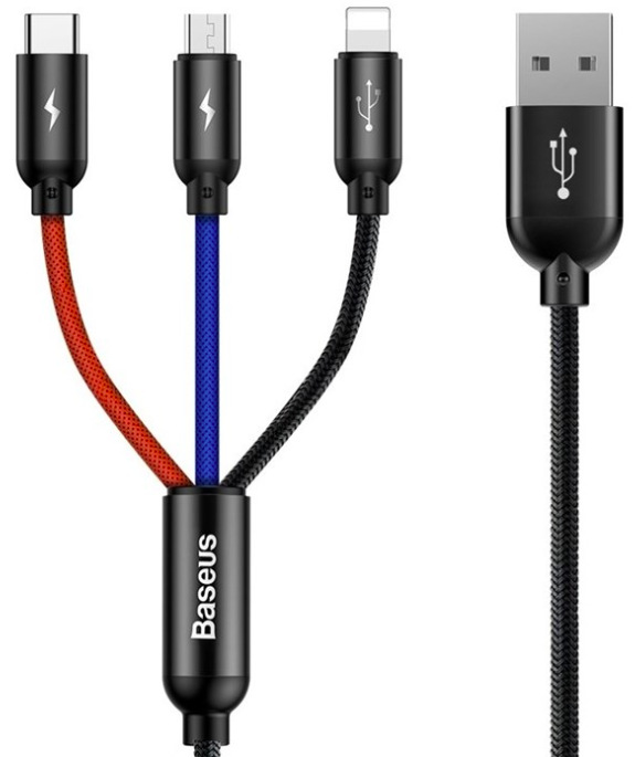 Kábel Baseus 3v1 USB/microUSB+Lightning+USB-C, 3,5 A, 1,2 m - čierny