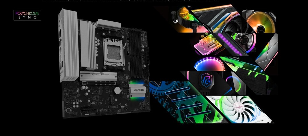 Základná doska ASRock A620AM PRO RS čierna Čierna základná doska počítača a komponenty so živými RGB svetelnými efektmi sú zobrazené na tmavom pozadí a zdôrazňujú technologické inovácie.
