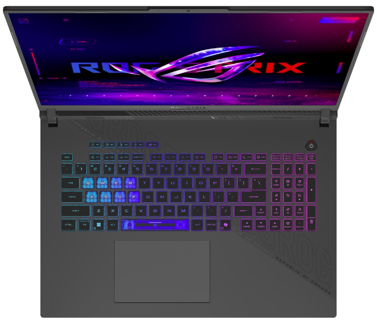 Notebook Asus ROG Strix G18 sivý Pohľad zhora na RGB klávesnicu s numerickou časťou, klávesom Copilot a touchpadom