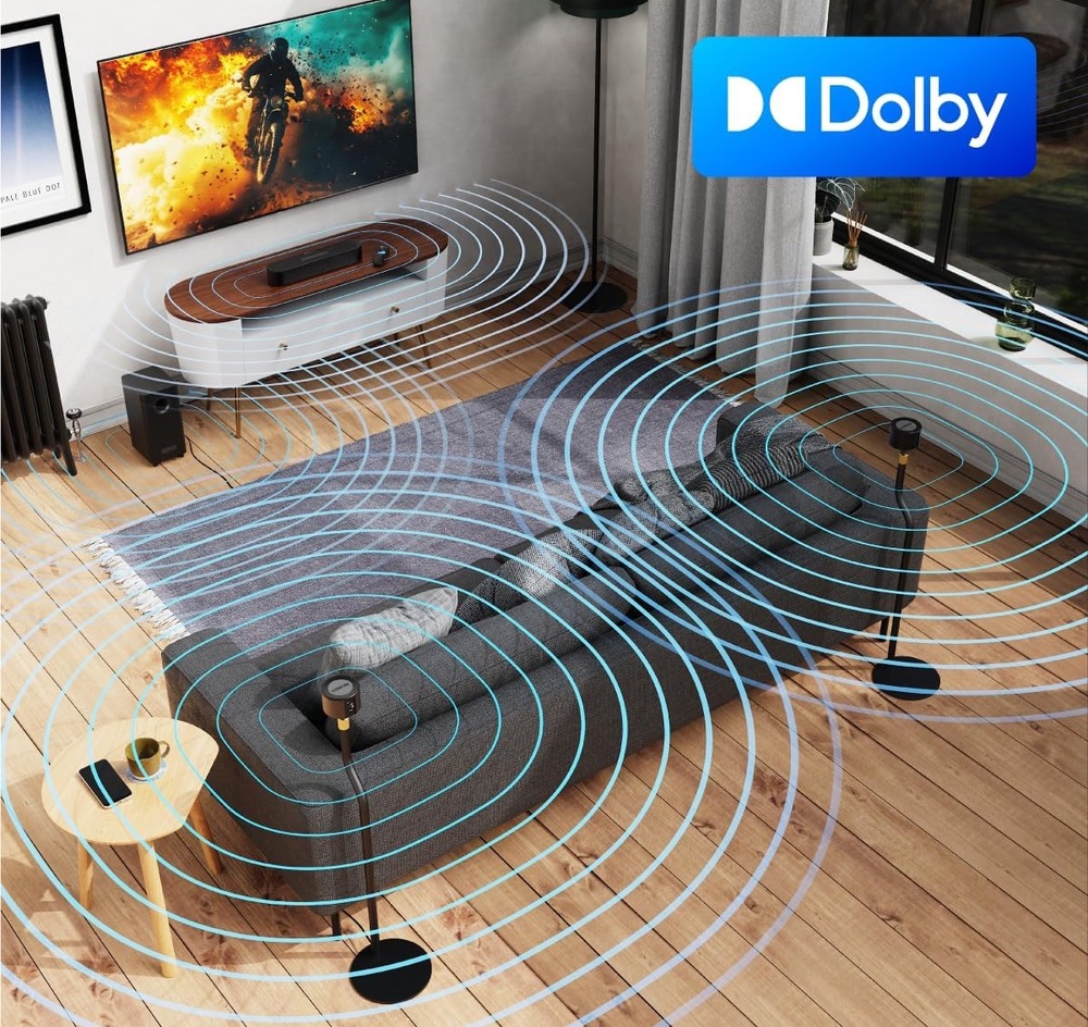 Soundbar Majority Bowfell Halo 5.1 čierny Rozmiestnenie soundbaru, subwoofera a dvoch zadných reproduktorov Majority Bowfell Halo pre priestorový zvuk Dolby 5.1.