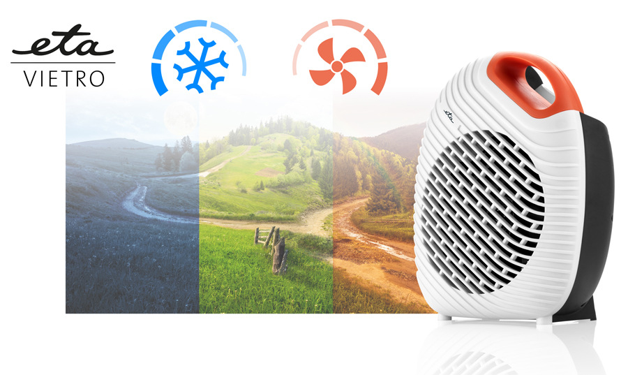 Bielo-sivý teplovzdušný ventilátor ETA Vietro s oranžovým madlom, zobrazený na pozadí, ktoré symbolizuje chladenie (modrá vločka) a kúrenie/ventiláciu (oranžová vrtuľa)