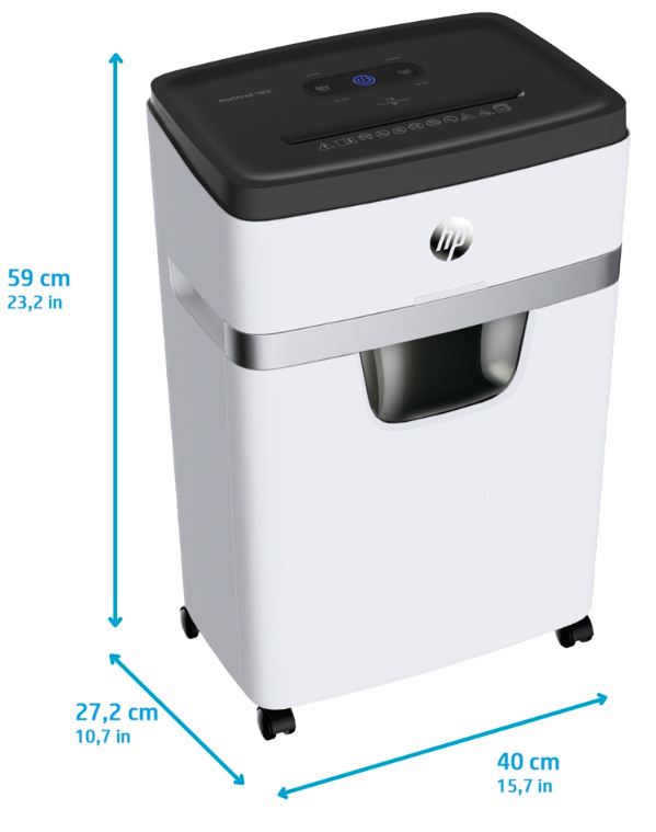 Skartovač HP OneShred 18CC biely Rozmery skartovača HP OneShred 18CC 59 × 40 × 27,2 cm s kolieskami na presun po kancelárii
