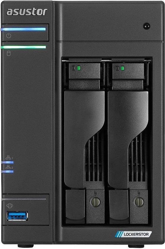 Sieťové úložisko Asustor Lockerstor 2 Gen2+ AS6702T v2 čierne Čelný pohľad na čierne dvojšachtové NAS Asustor Lockerstor. Vľavo sú logo Asustor, farebné stavové kontrolky a modrý USB port, uprostred dva výsuvné sloty pre pevné disky.