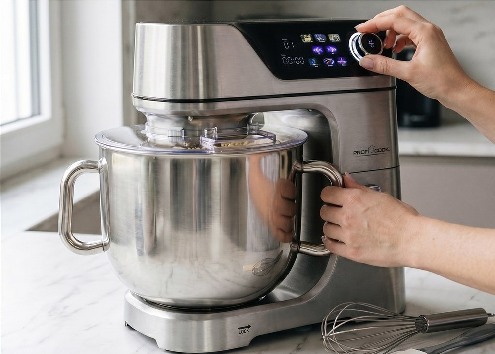 Kuchynský robot Profi Cook KM 1338 strieborný Ruky nastavujú rýchlosť kuchynského robota ProfiCook vedľa misy s cestom.