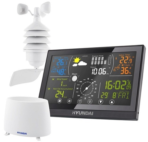 Čierna meteostanica Hyundai WSP 5100 RWIND s bielym veterným a dažďovým senzorom umiestnených vedľa hlavnej jednotky