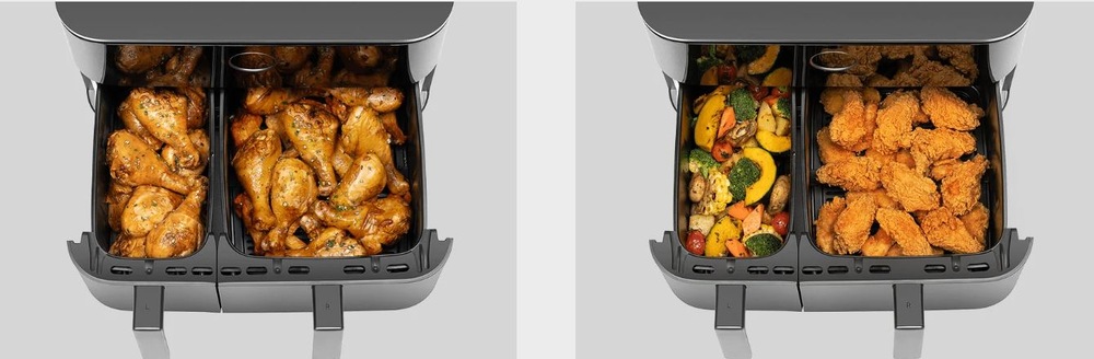 Fritéza teplovzdušná Xiaomi Dual Zone Air fryer 10 l čierna Pohľad na dva koše s opečeným jedlom vo fritéze Xiaomi