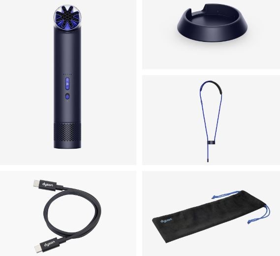 Ventilátor Dyson HushJet™ Mini Cool atramentovo modrá atramentovo modrá Zobrazenie príslušenstva, ktoré je súčasťou balenia - samotný Ventilátor HushJetTM Mini Cool, nabíjací kábel, cestovné puzdro, nabíjačka a šnúrka na zavesenie na krk.