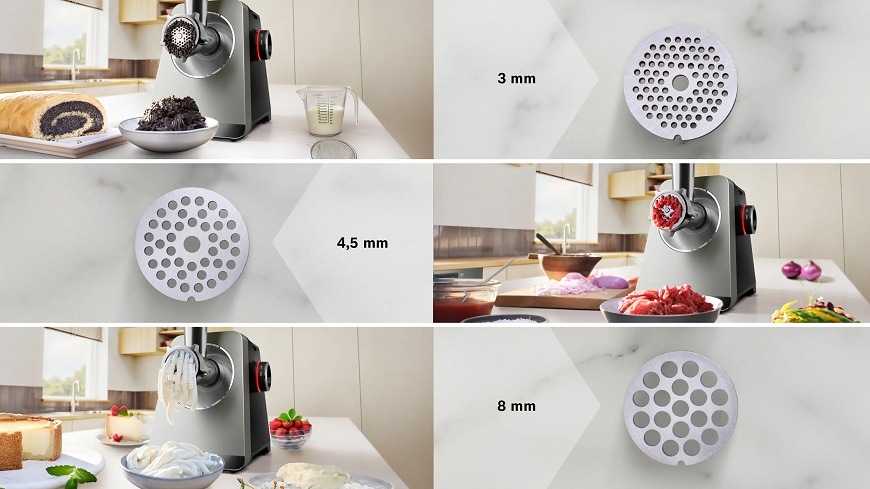 Mlynček na mäso Bosch MultiPower Series 8 MFWS840M nerez Infografika zobrazujúca tri rôzne nerezové mlecie disky. Pri každom disku je uvedená veľkosť otvorov a obrázok s príkladom použitia: 3mm disk na mletie maku, 4,5mm disk na mletie mäsa a 8mm disk na mletie tvarohu.