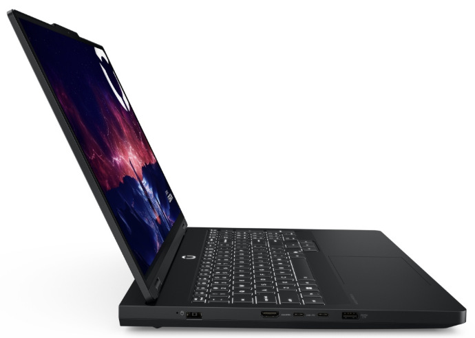 Bočný pohľad na Lenovo Legion Pro 5 16IAX10H s tenkým displejom a otvorenou konštrukciou