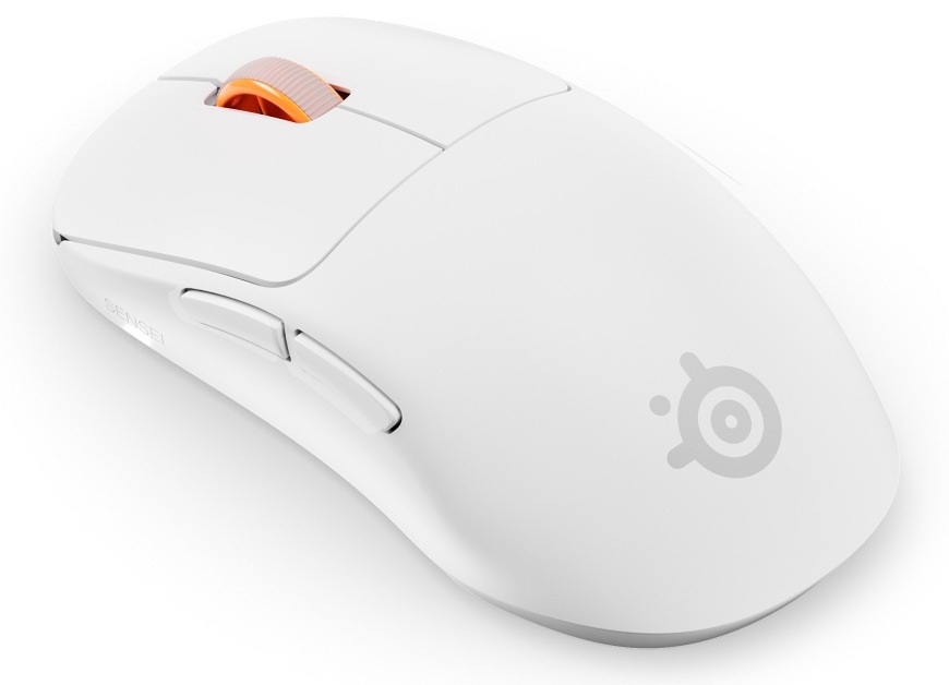 Biela bezdrôtová herná myš SteelSeries Sensei Pro Mini s bočnými tlačidlami a oranžovým kolieskom